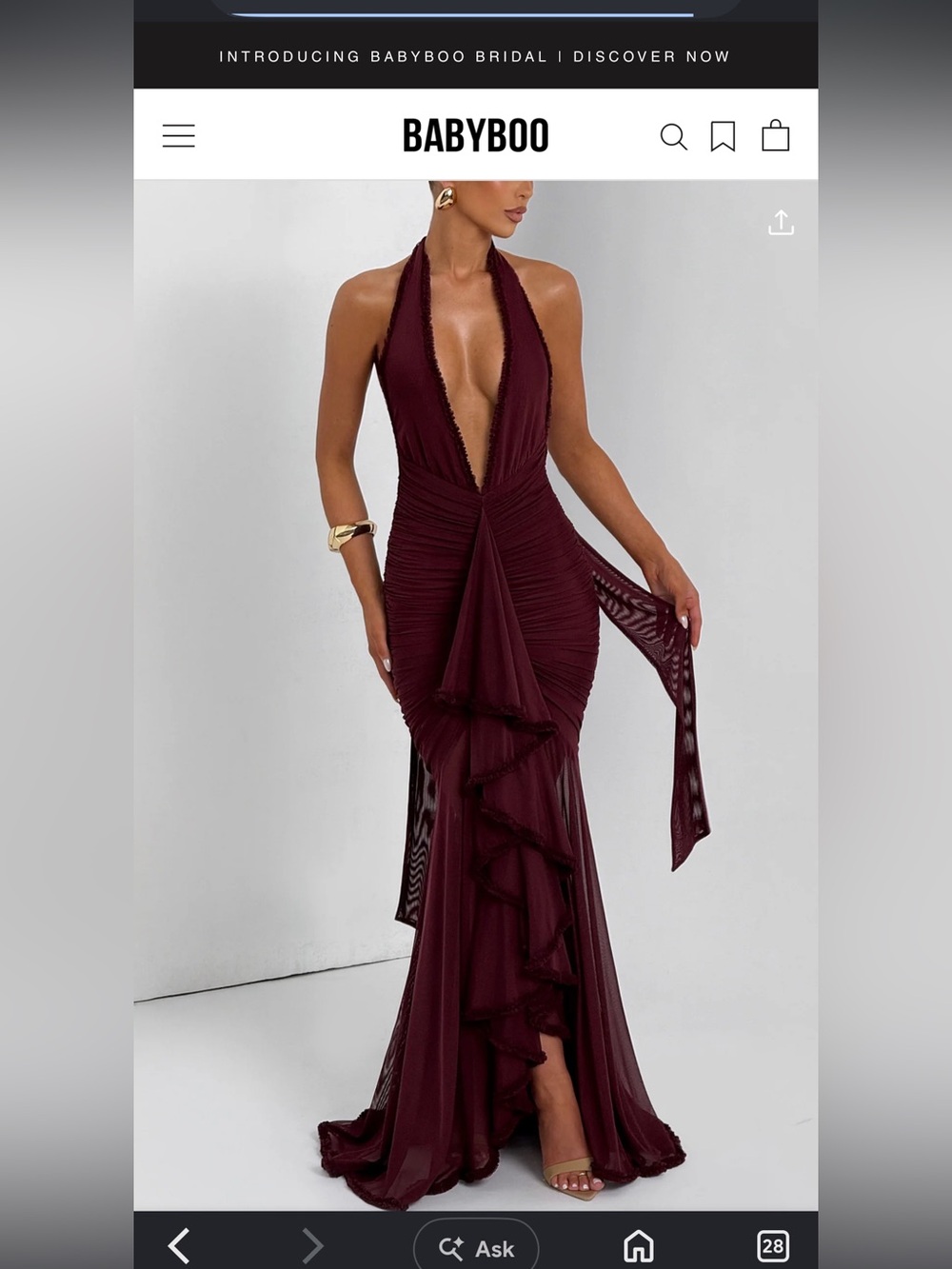 Babyboo Burgundy Halter Ruffle Gown. Like new